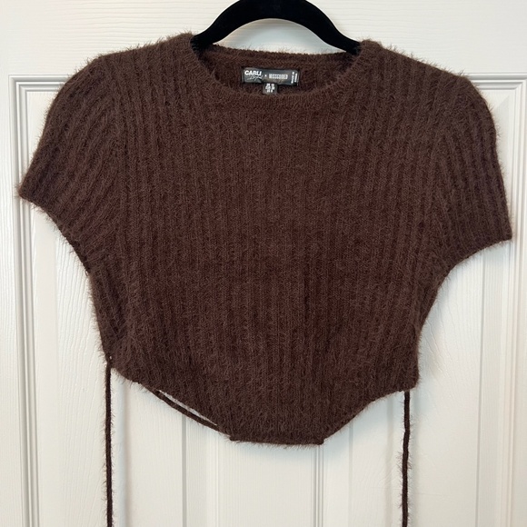 Carli Bybel X Missguided NWT Chocolate fluffy knit backless Tie Top Size 6 - Picture 3 of 9